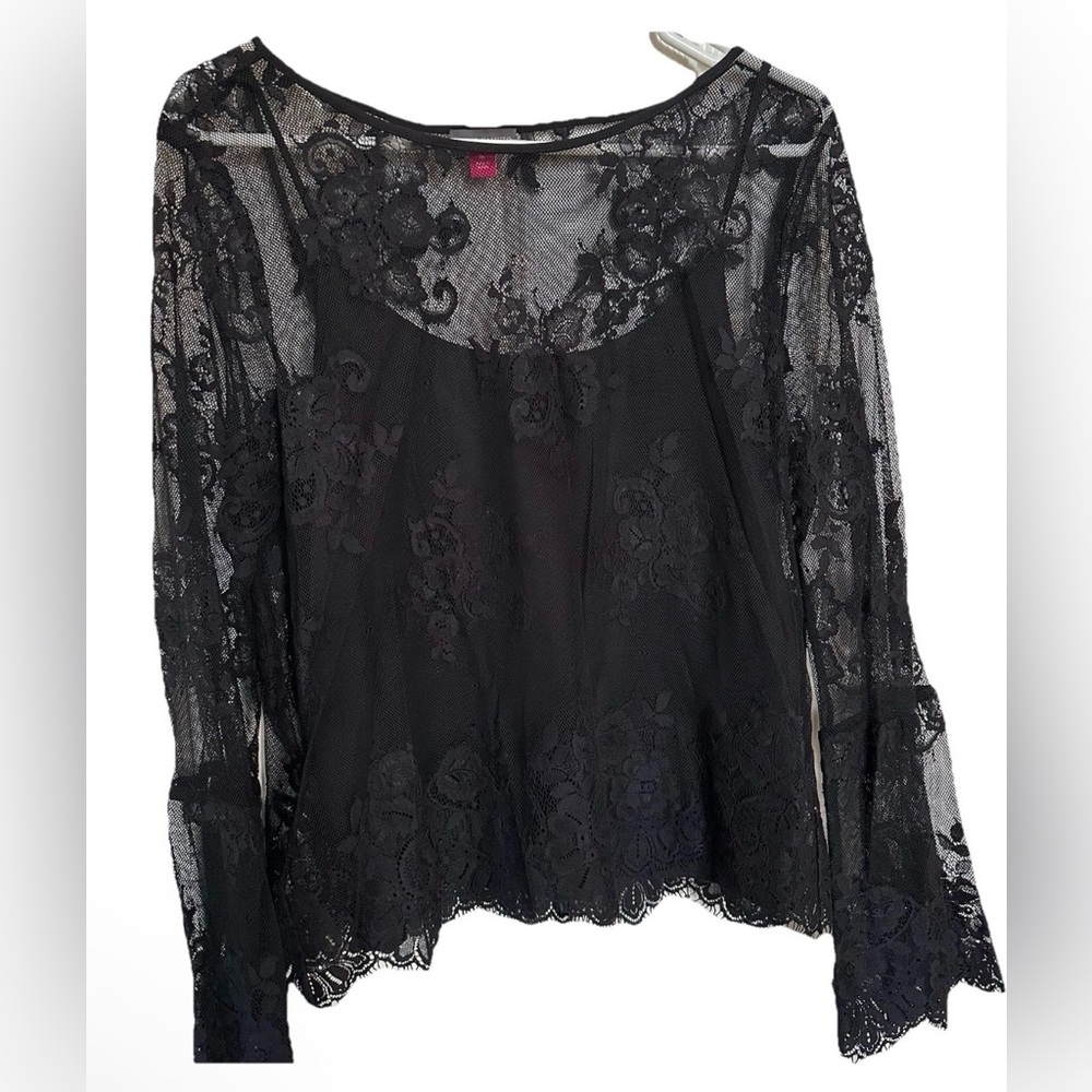 NWT Vince Camuto Artistic Muse Floral Laced Bell Sleeve Blk Blouse-M Whimsigoth